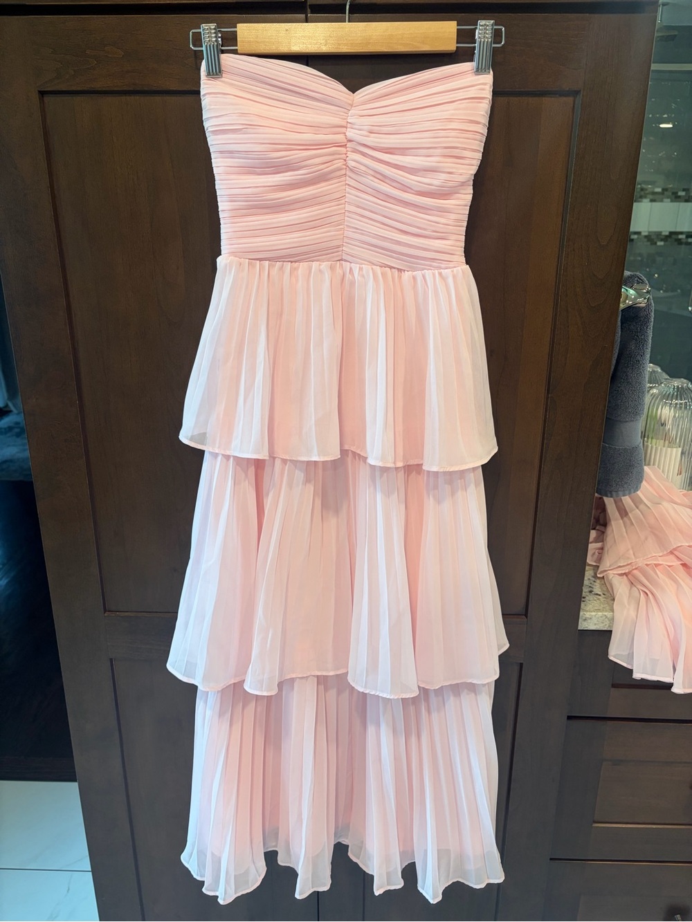 Blush Pink Strapless Tiered Midi Dress